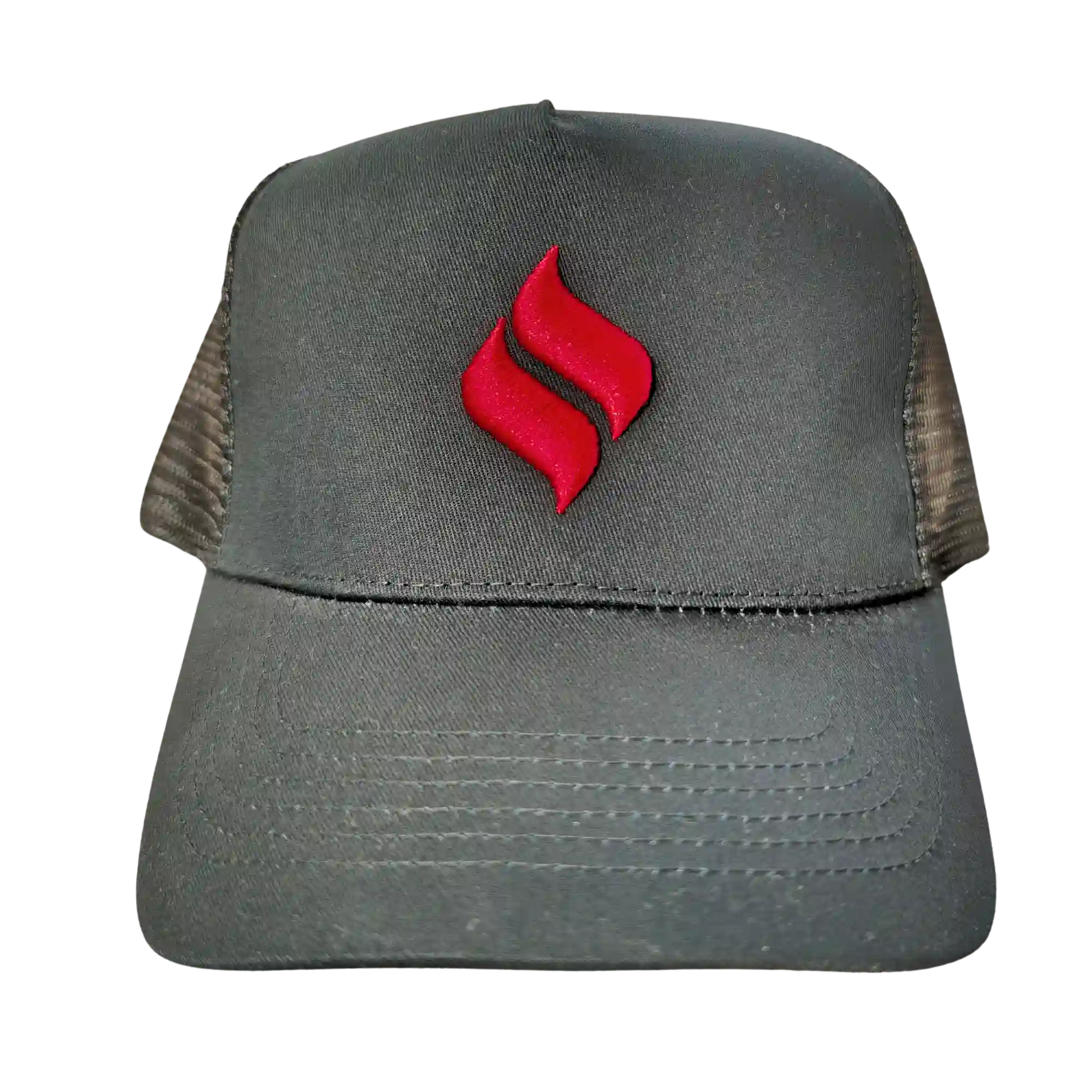 Schwarze THÜROS Trucker Cap mit rotem Flammenlogo