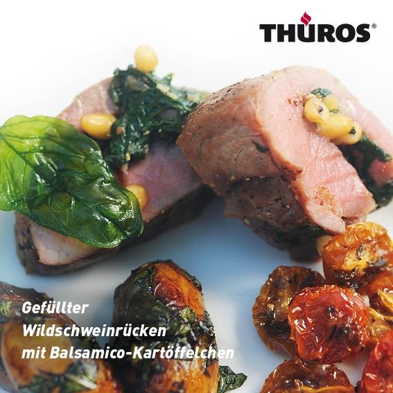 Gefüllter Wildschweinrücken mit Balsamico-Kartöffelchen und getrockneten Orangen-Thymian-Tomaten