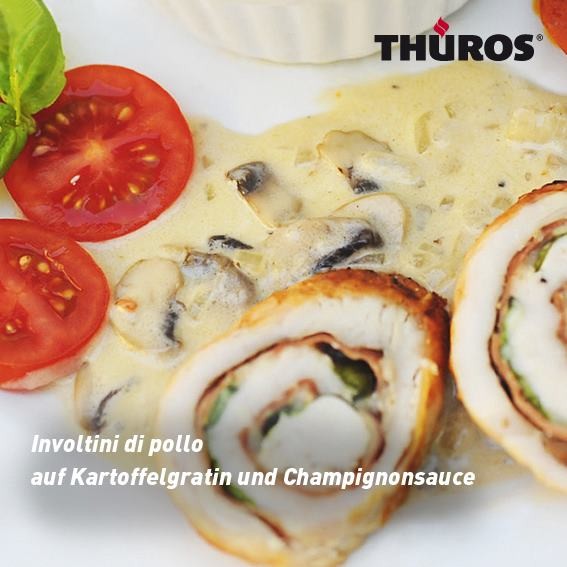 Hähnchen-Schinkenröllchen gefüllt mit Provolone-Käse auf Kartoffelgratin mit Champignonsauce